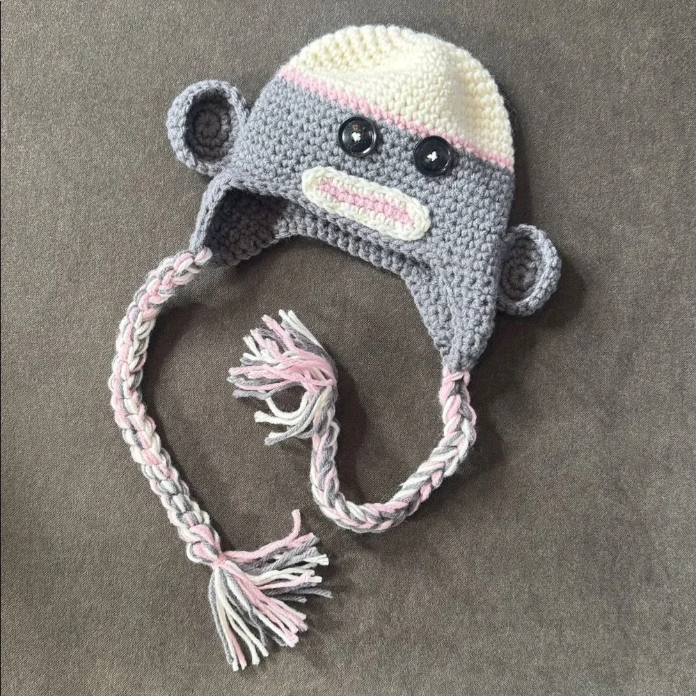 Daisy Baby Sock Monkey Beanie Hat Gray with Pink Pom 0-6 months Photography NEW